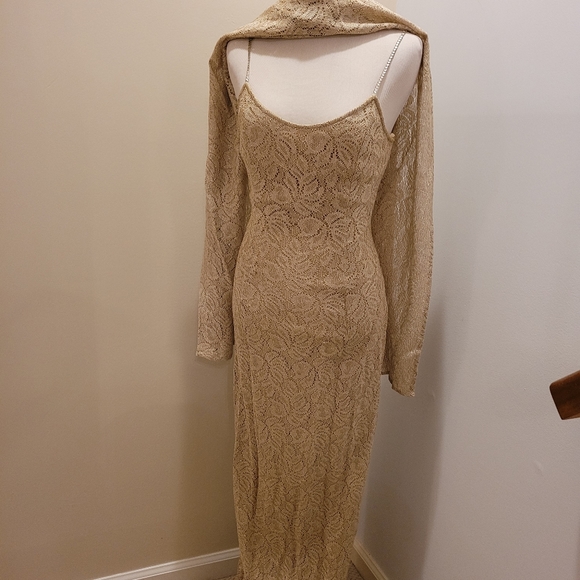 Knit Metallic Gold Gown w/ Matching Scarf - Picture 2 of 8